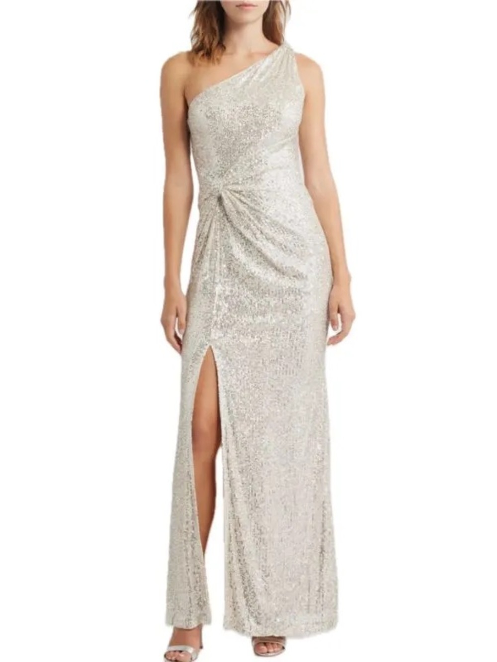 Eliza J Sequin One Shoulder Sheath Gown Dressโ Size 8 Champagne